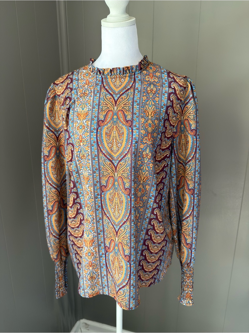 Renuar Paisley Ruffle-Neck Blouse in Orange, Blue & Burgundy
